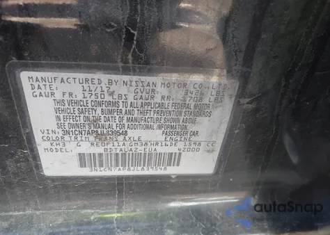 2018 Nissan Versa 1.6 S+ z USA, uszkodzony, nr VIN 3N1CN7AP8JL839548